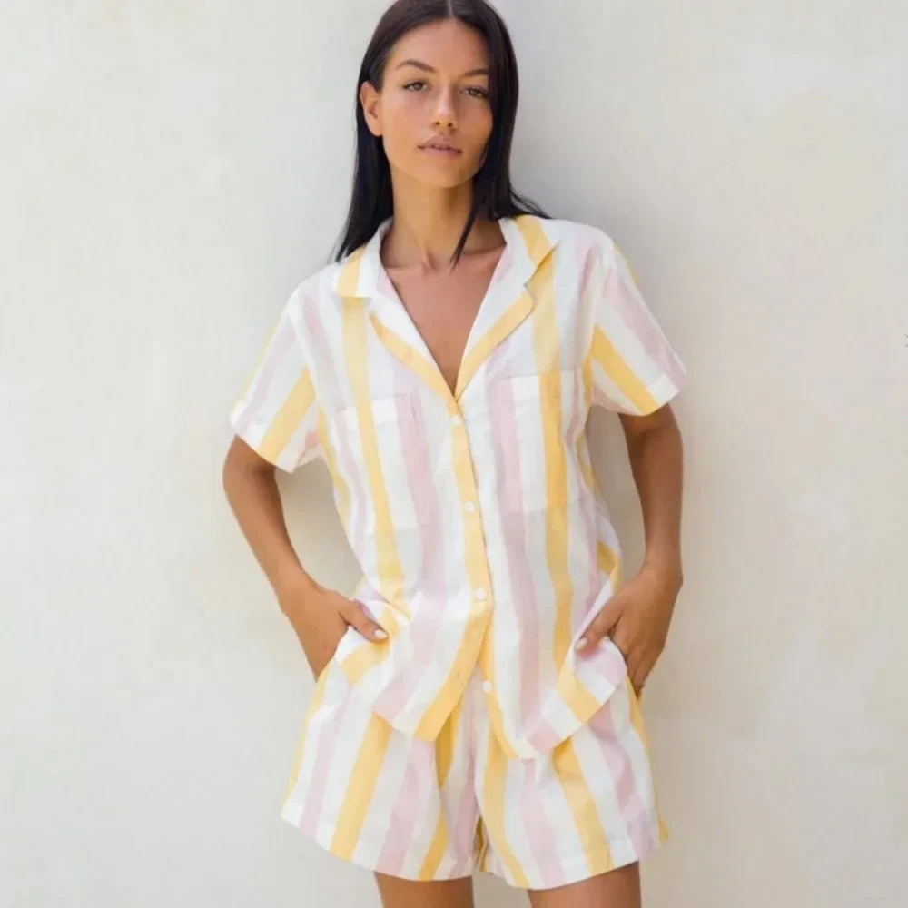 Piyama Womens Abigail Sleep Set Button Up Top Shorts Cotton Lolly Stripe Medium
